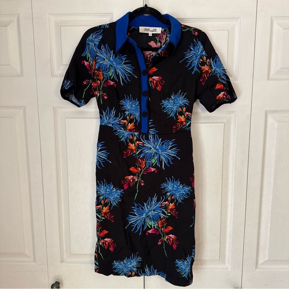 Diane Von Furstenberg Floral Black Dress with Blue and Red Accents 2